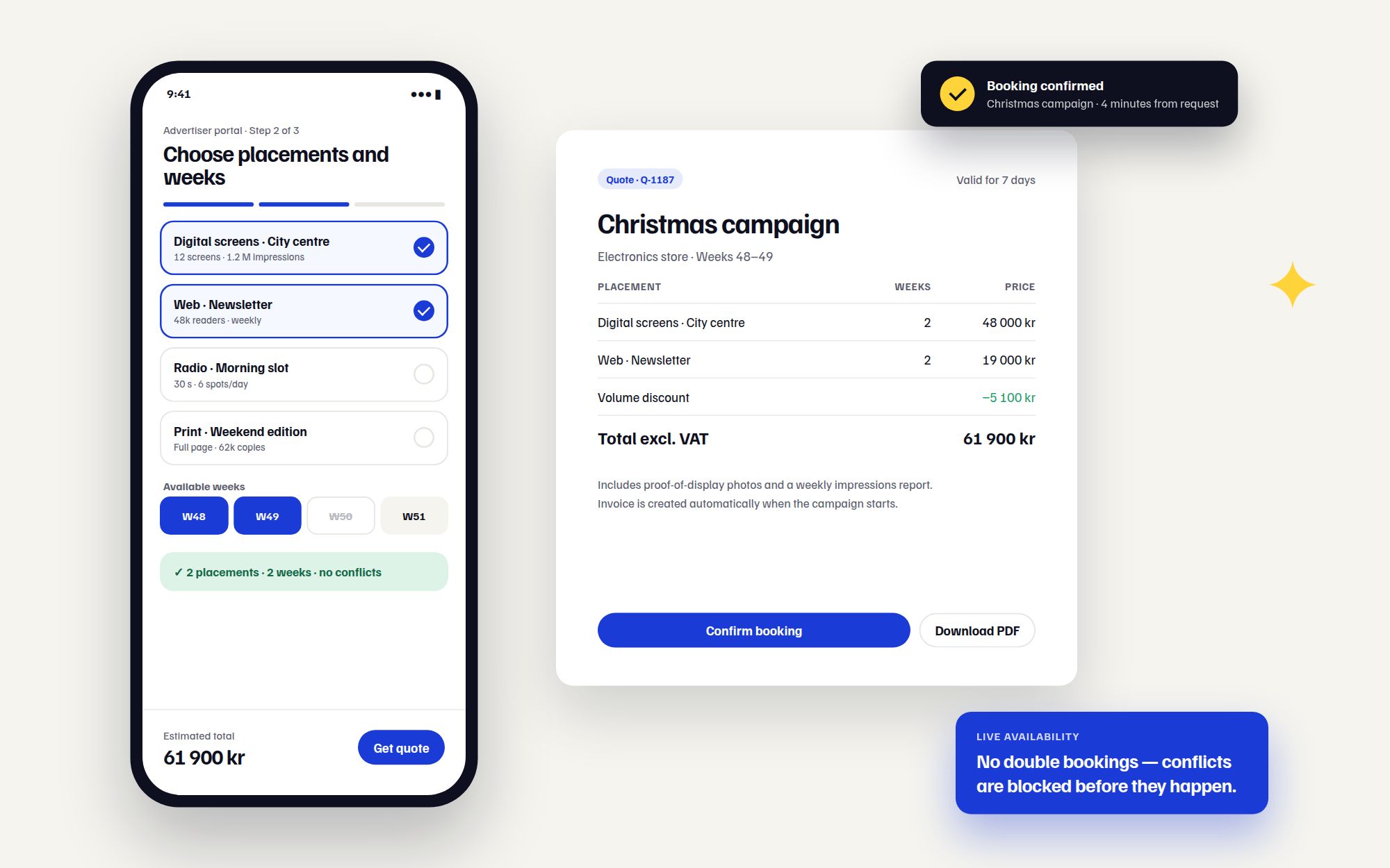 Advertiser portal on a phone, an instant quote and a booking confirmation
