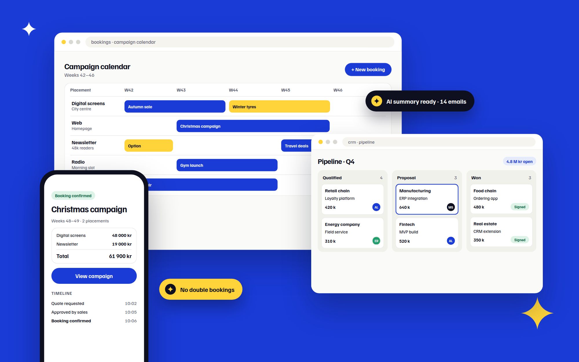 Examples of what Nordbyte builds: a campaign booking calendar, a CRM pipeline and a mobile booking confirmation